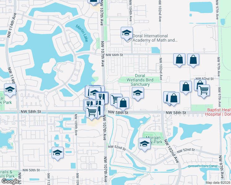 map of restaurants, bars, coffee shops, grocery stores, and more near 6155 Northwest 105th Court in Doral