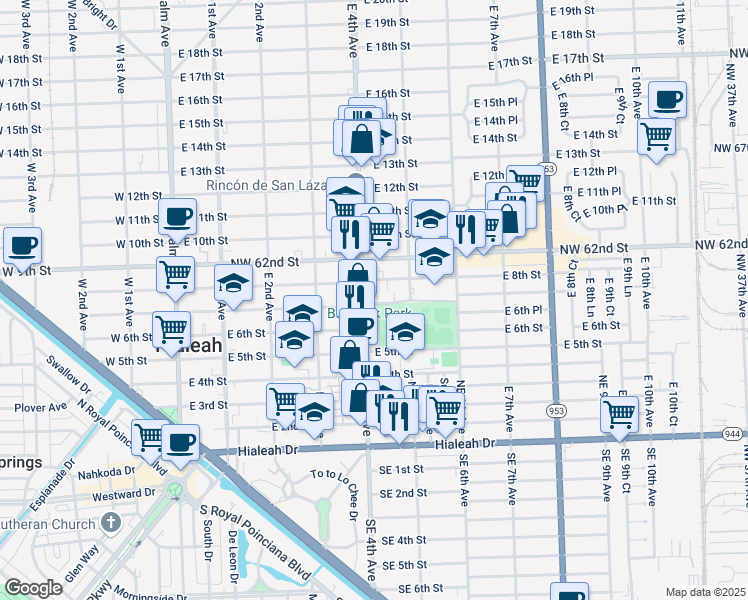 map of restaurants, bars, coffee shops, grocery stores, and more near 447 East 7th Street in Hialeah