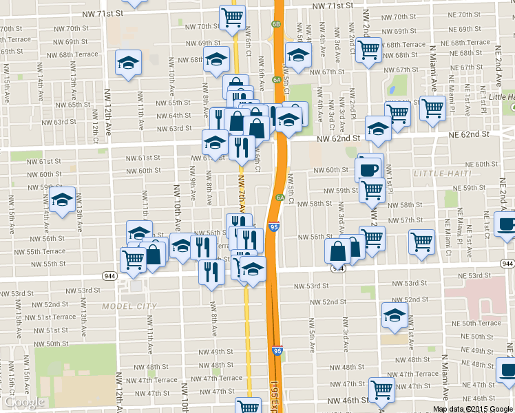 map of restaurants, bars, coffee shops, grocery stores, and more near 5789 Northwest 7th Avenue in Miami