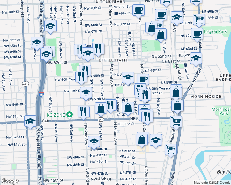 map of restaurants, bars, coffee shops, grocery stores, and more near 23 Northeast 58th Street in Miami