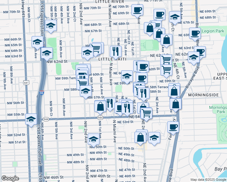 map of restaurants, bars, coffee shops, grocery stores, and more near 5801 North Miami Avenue in Miami