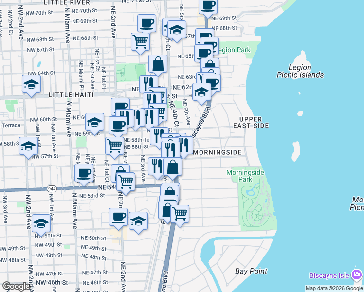 map of restaurants, bars, coffee shops, grocery stores, and more near 5700 Biscayne Boulevard in Miami