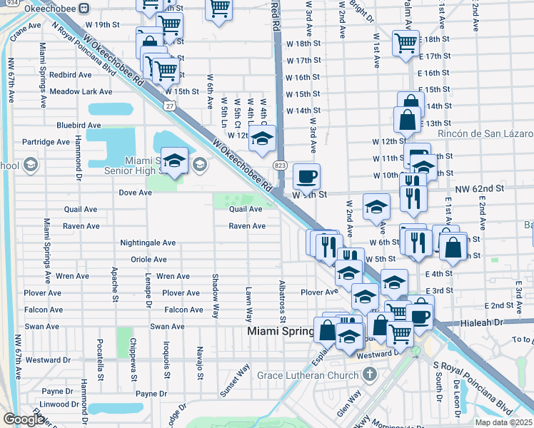 map of restaurants, bars, coffee shops, grocery stores, and more near 520 Quail Ave in Miami Springs