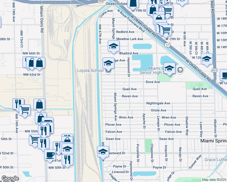 map of restaurants, bars, coffee shops, grocery stores, and more near 1202 Quail Avenue in Miami Springs