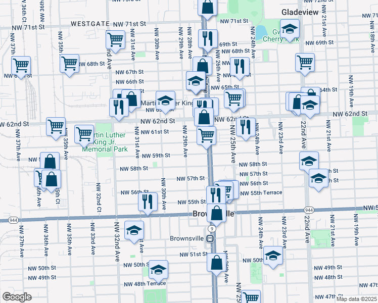 map of restaurants, bars, coffee shops, grocery stores, and more near 2781 Northwest 59th Street in Miami