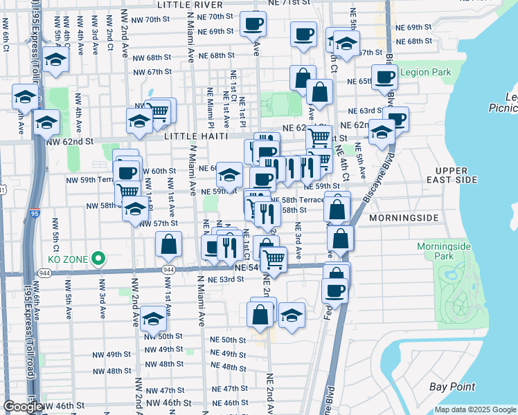 map of restaurants, bars, coffee shops, grocery stores, and more near 5715 Northeast 1st Court in Miami