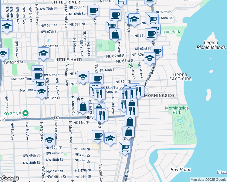 map of restaurants, bars, coffee shops, grocery stores, and more near 5750 Northeast 3rd Avenue in Miami