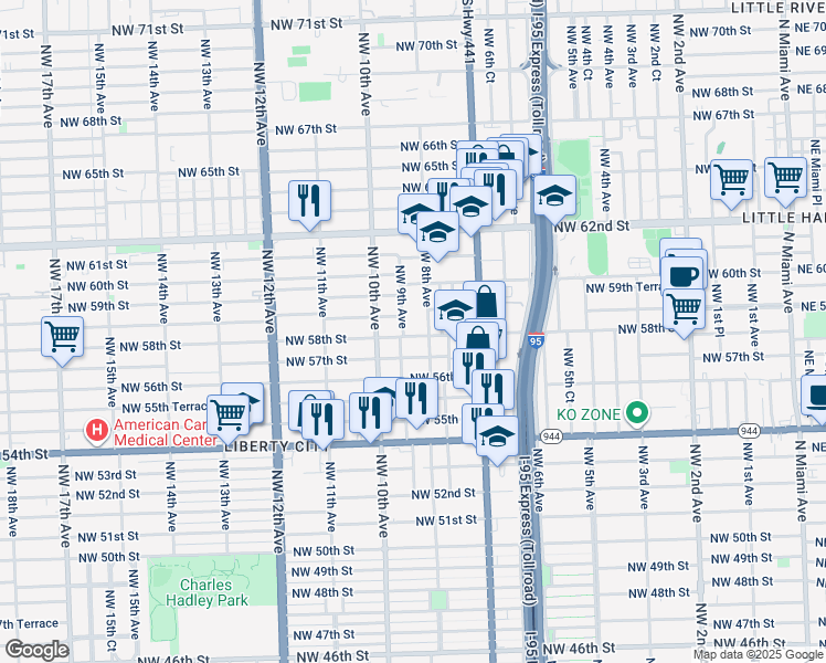 map of restaurants, bars, coffee shops, grocery stores, and more near 825 Northwest 58th Street in Miami