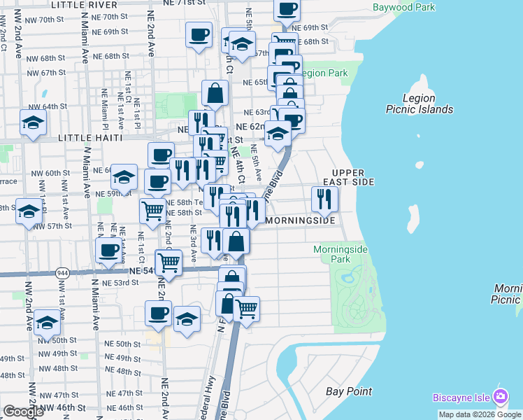 map of restaurants, bars, coffee shops, grocery stores, and more near 5700 Northeast 5th Avenue in Miami