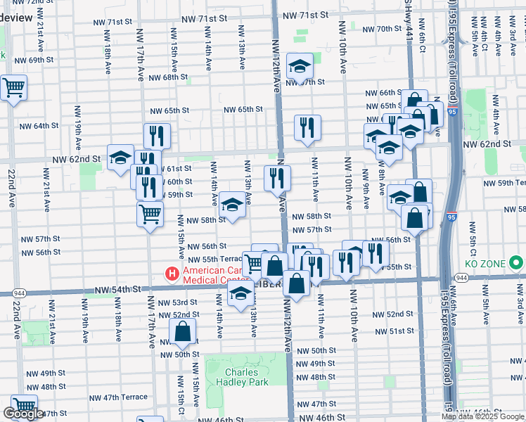 map of restaurants, bars, coffee shops, grocery stores, and more near 1205 Northwest 58th Street in Miami