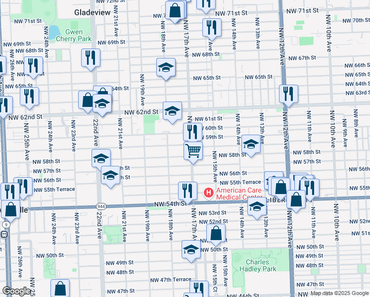 map of restaurants, bars, coffee shops, grocery stores, and more near 1751 Northwest 58th Street in Miami