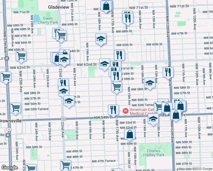 map of restaurants, bars, coffee shops, grocery stores, and more near 1751 Northwest 58th Street in Miami