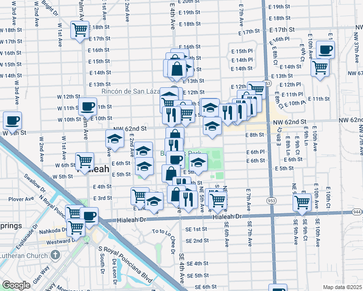 map of restaurants, bars, coffee shops, grocery stores, and more near 447 East 7th Street in Hialeah
