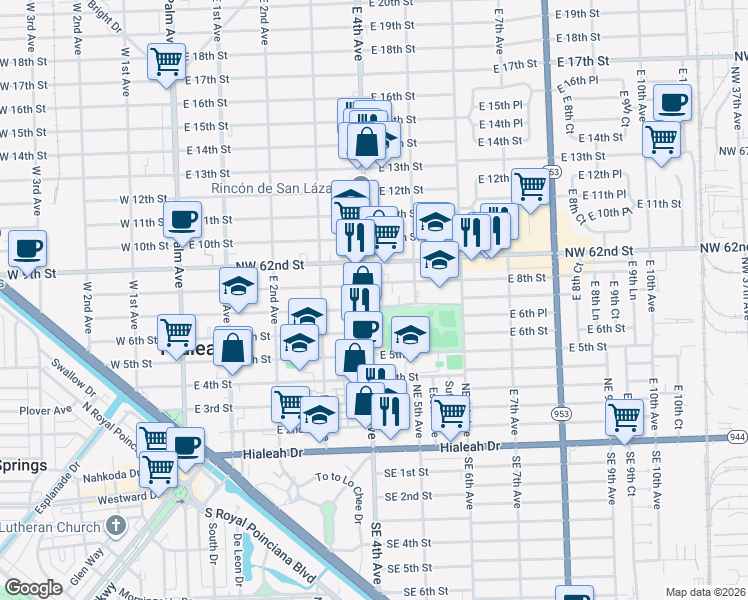 map of restaurants, bars, coffee shops, grocery stores, and more near 367 East 7th Street in Hialeah