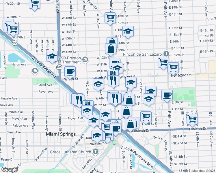 map of restaurants, bars, coffee shops, grocery stores, and more near 66 West 8th Street in Hialeah