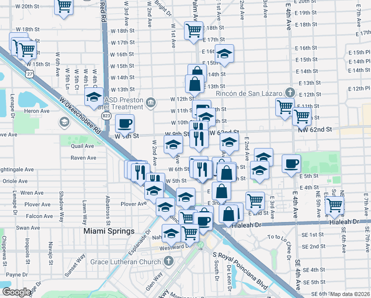 map of restaurants, bars, coffee shops, grocery stores, and more near 66 West 8th Street in Hialeah