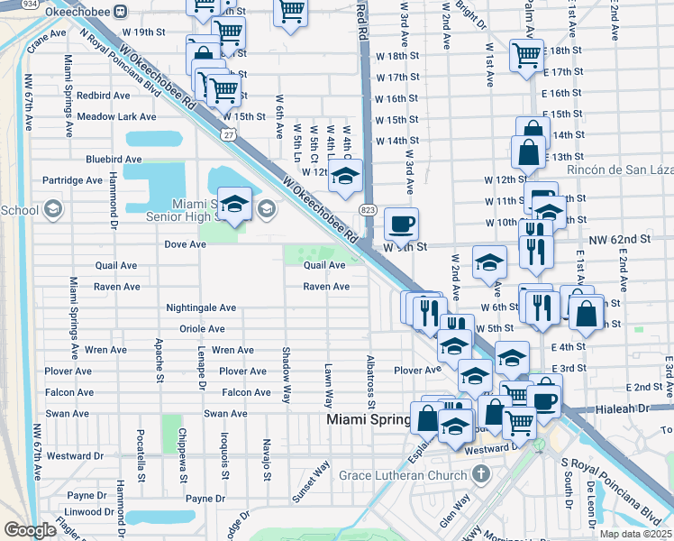 map of restaurants, bars, coffee shops, grocery stores, and more near 520 Quail Avenue in Miami Springs