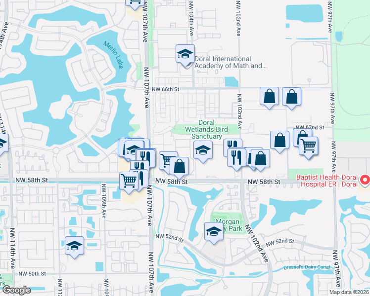 map of restaurants, bars, coffee shops, grocery stores, and more near 10451 Northwest 58th Street in Doral