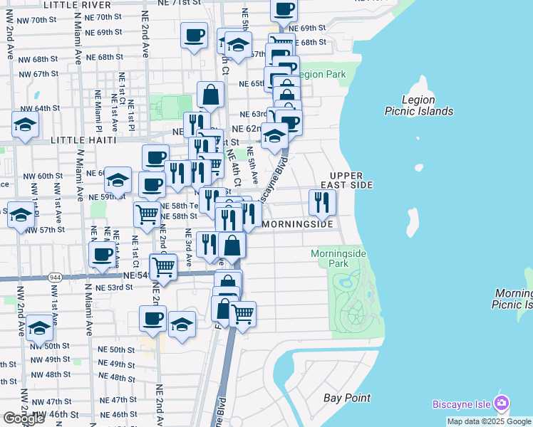 map of restaurants, bars, coffee shops, grocery stores, and more near 5700 Northeast 5th Avenue in Miami