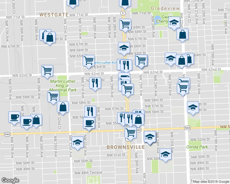 map of restaurants, bars, coffee shops, grocery stores, and more near 2781 Northwest 59th Street in Miami