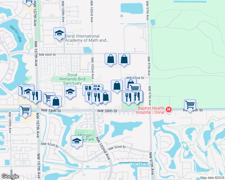 map of restaurants, bars, coffee shops, grocery stores, and more near 411 Northwest 99th Avenue in Doral