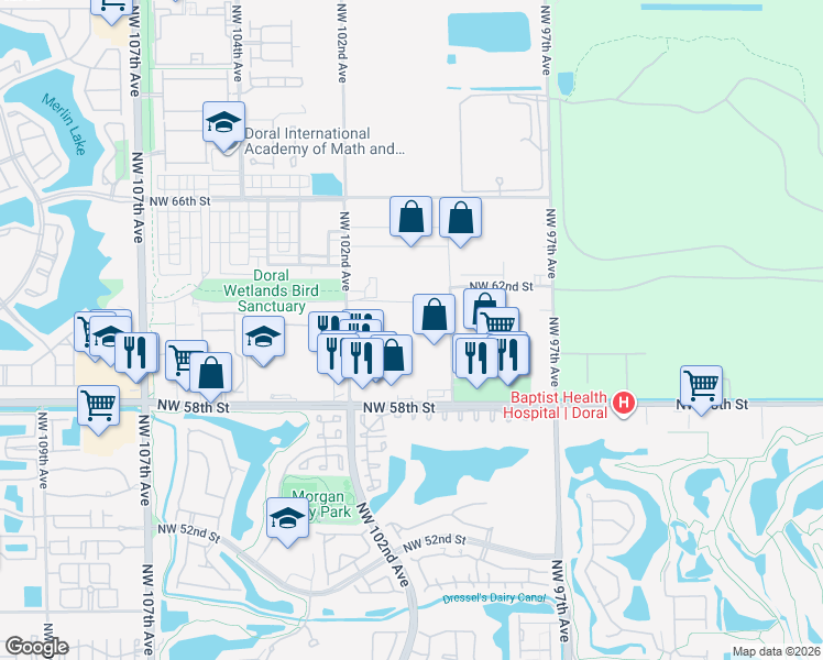 map of restaurants, bars, coffee shops, grocery stores, and more near 411 Northwest 99th Avenue in Doral