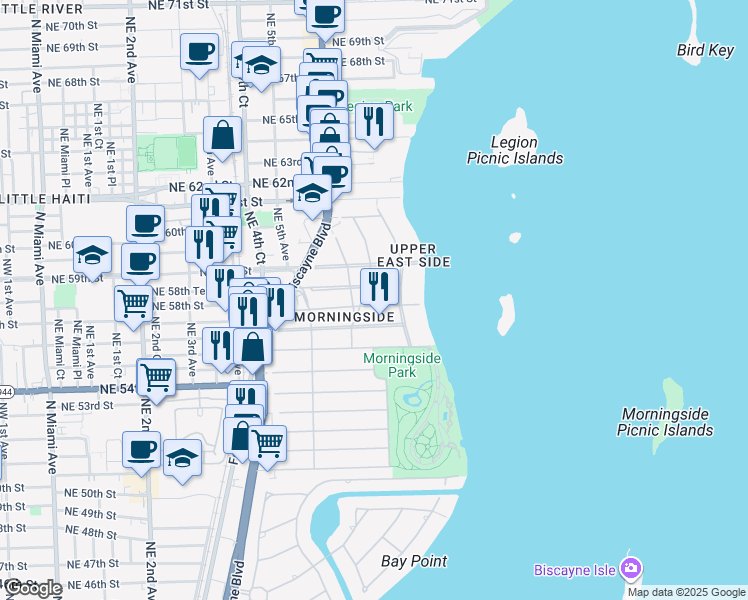 map of restaurants, bars, coffee shops, grocery stores, and more near 600 Northeast 57th Street in Miami