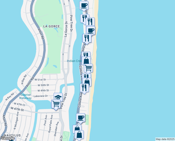 map of restaurants, bars, coffee shops, grocery stores, and more near 5101 Collins Avenue in Miami Beach