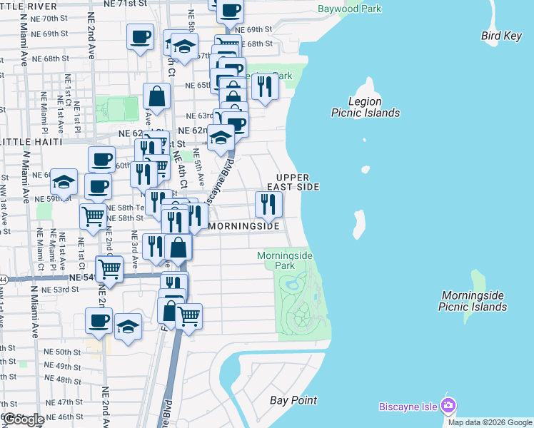 map of restaurants, bars, coffee shops, grocery stores, and more near 600 Northeast 57th Street in Miami