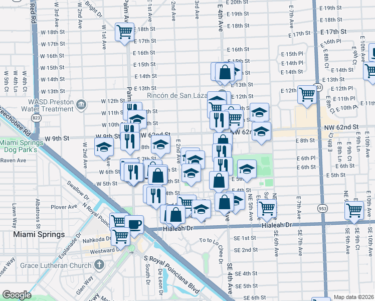 map of restaurants, bars, coffee shops, grocery stores, and more near 215 East 7th Street in Hialeah