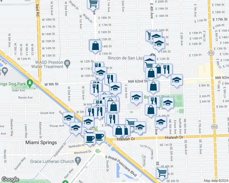 map of restaurants, bars, coffee shops, grocery stores, and more near 2 East 8th Street in Hialeah