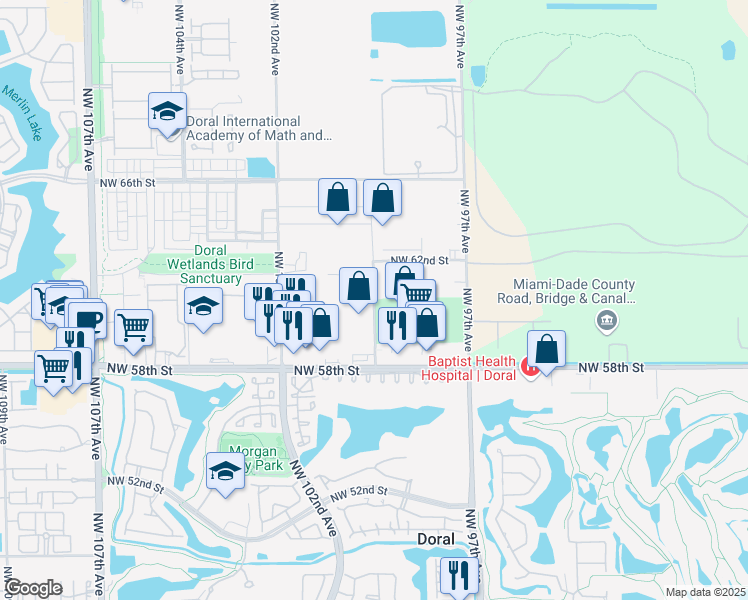 map of restaurants, bars, coffee shops, grocery stores, and more near 6020 Northwest 99th Avenue in Doral
