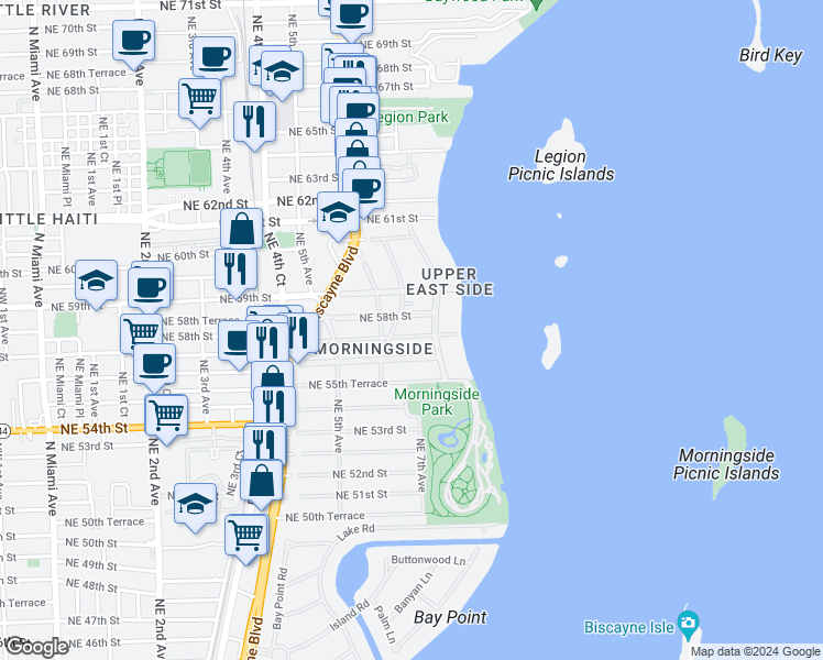 map of restaurants, bars, coffee shops, grocery stores, and more near 600 Northeast 57th Street in Miami