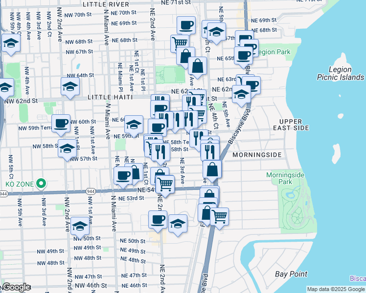 map of restaurants, bars, coffee shops, grocery stores, and more near 5750 Northeast 3rd Avenue in Miami