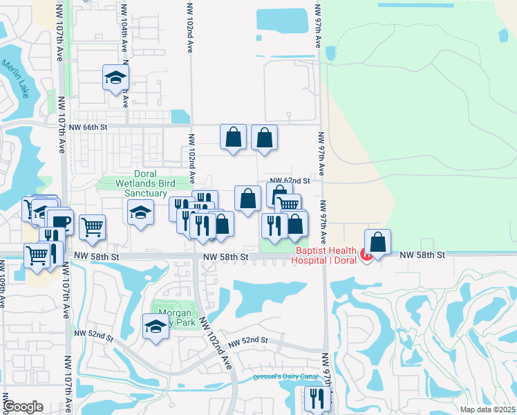 map of restaurants, bars, coffee shops, grocery stores, and more near 6100 Northwest 99th Avenue in Doral