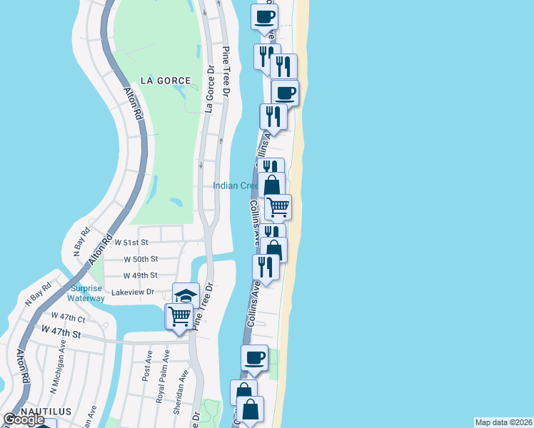 map of restaurants, bars, coffee shops, grocery stores, and more near 5101 Collins Avenue in Miami Beach