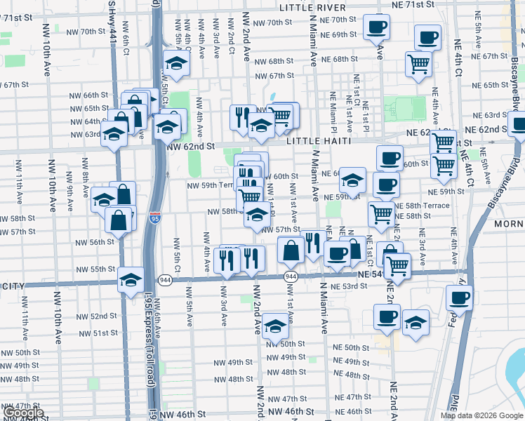 map of restaurants, bars, coffee shops, grocery stores, and more near 160 Northwest 58th Street in Miami