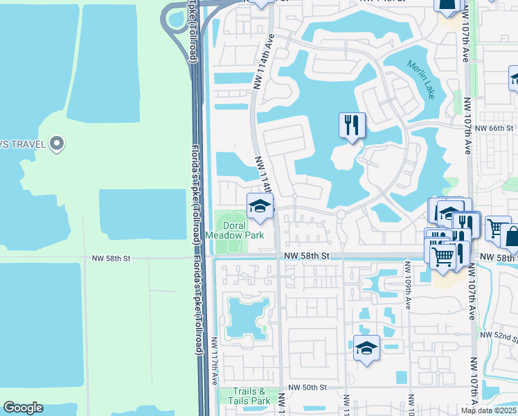 map of restaurants, bars, coffee shops, grocery stores, and more near 11411 Northwest 60th Street in Doral
