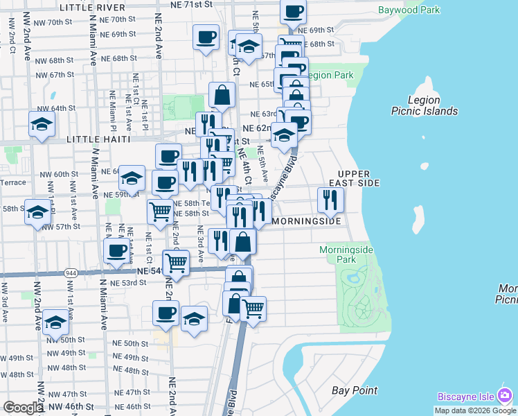 map of restaurants, bars, coffee shops, grocery stores, and more near 5700 Northeast 5th Avenue in Miami