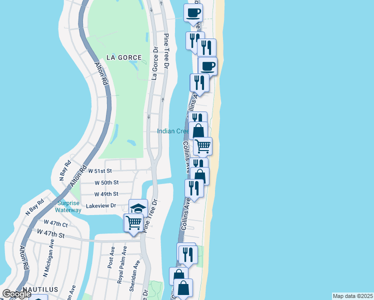 map of restaurants, bars, coffee shops, grocery stores, and more near 5250 Collins Avenue in Miami Beach