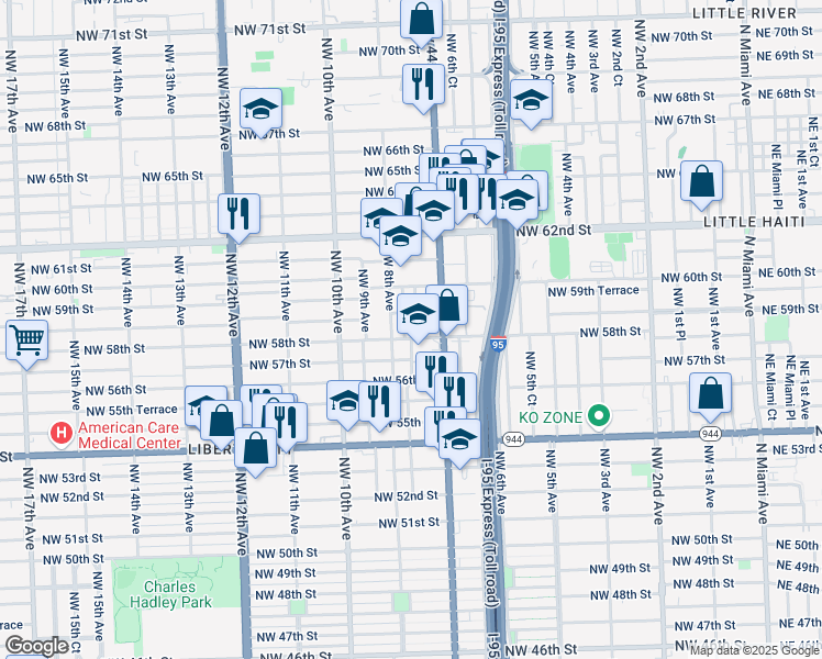 map of restaurants, bars, coffee shops, grocery stores, and more near 745 Northwest 58th Street in Miami