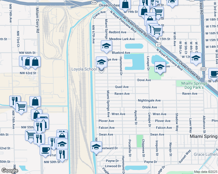 map of restaurants, bars, coffee shops, grocery stores, and more near 1202 Quail Avenue in Miami Springs
