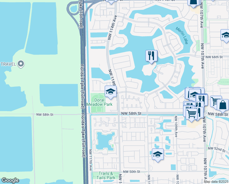 map of restaurants, bars, coffee shops, grocery stores, and more near 5942 Northwest 113th Place in Doral