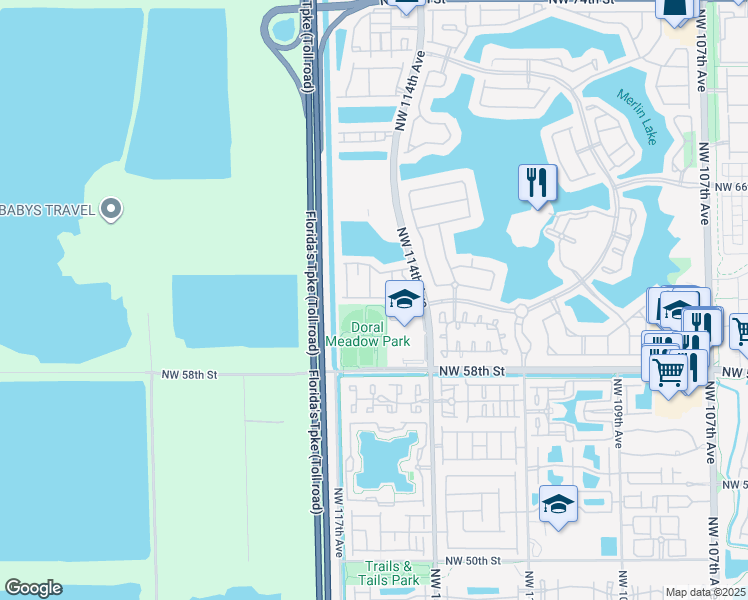 map of restaurants, bars, coffee shops, grocery stores, and more near 11600 Northwest 60th Terrace in Doral