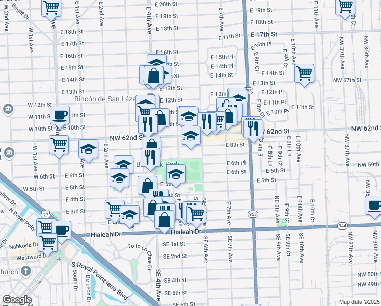map of restaurants, bars, coffee shops, grocery stores, and more near 550 East 8th Street in Hialeah
