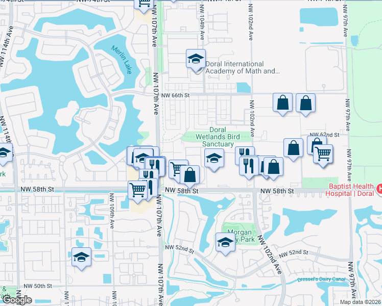 map of restaurants, bars, coffee shops, grocery stores, and more near 10444 Northwest 61st Street in Doral