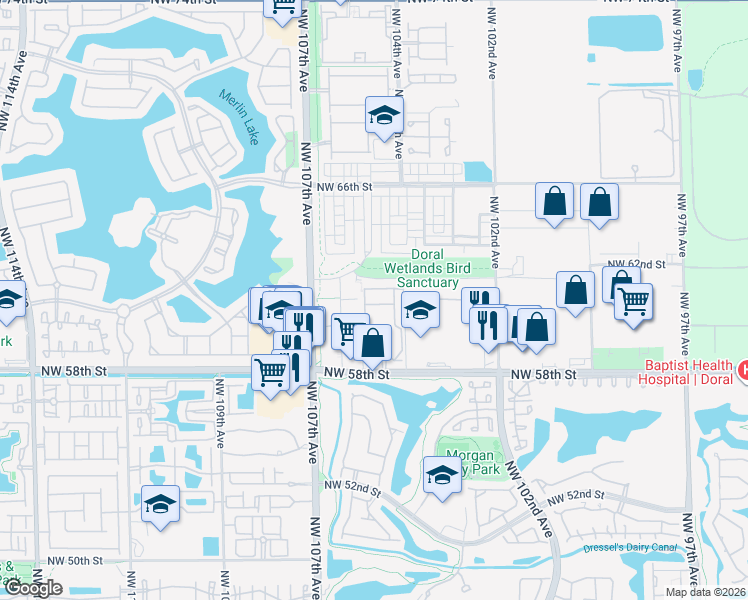 map of restaurants, bars, coffee shops, grocery stores, and more near 10444 Northwest 61st Street in Doral