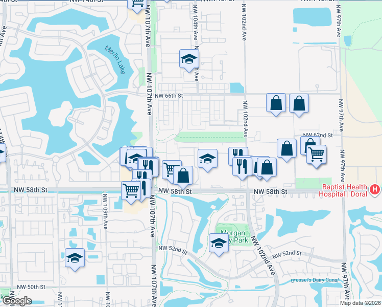 map of restaurants, bars, coffee shops, grocery stores, and more near 10444 Northwest 61st Street in Doral