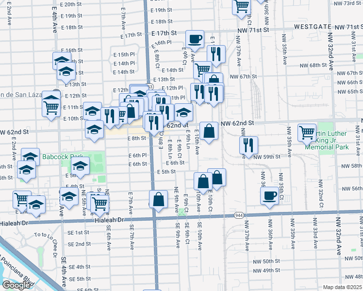 map of restaurants, bars, coffee shops, grocery stores, and more near 665 East 8th Lane in Hialeah