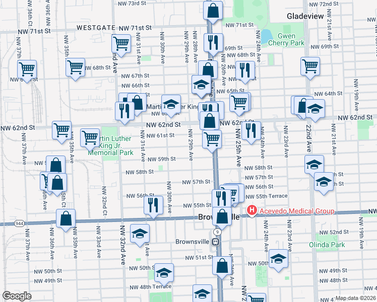map of restaurants, bars, coffee shops, grocery stores, and more near 2951 Northwest 59th Street in Miami